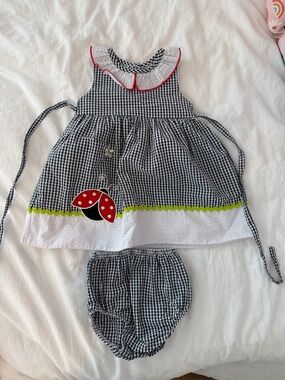 Rare Editions Black Gingham Dress with Red Ladybug Accent